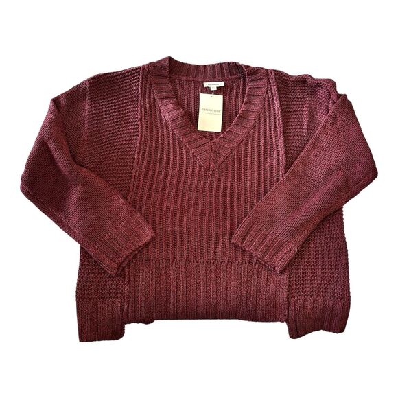 ee some Chunky Cropped Sweater Burgundy V Neck Boxy Fit Cable Knit - Picture 1 of 8